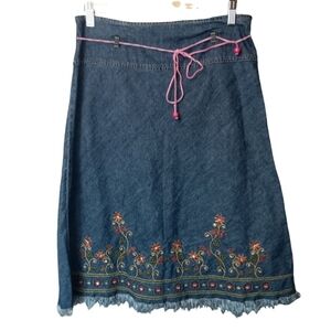 Speechless Vintage Embroidered Floral Denim A-line Raw Hem Skirt Size 12